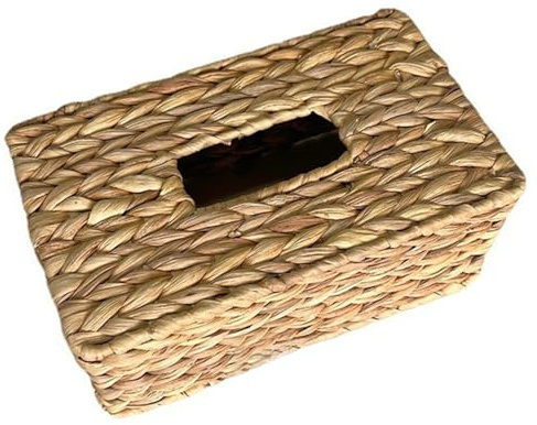 Makamsui Soporte cuadrado para caja de pañuelos, jacinto de agua, tejido a mano, cubierta de cubo, dispensador de servilletas de mimbre, organizador de pañuelos faciales, decoración rústica para mesa,