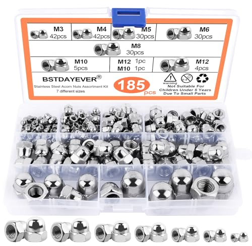 Ecrou Borgne Hexagonal M3/M4/M5/M6/M8/M10/M12 Kit Écrou de Protection Hexagonal 185pcs Forme Haute Hexagonale Capuchon D'écrou Antirouille et Solide pour Vis Boulons Filetés (Silber/Edelstahl)