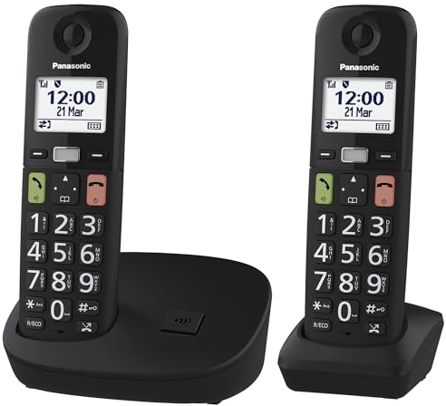 Panasonic KX-TGU112EXB Teléfono Inalámbrico Digital, Unidad Base y 2 Auriculares, Pantalla LCD, Botones Grandes, Llamada Favorita, Compatible con Audífonos, Negro
