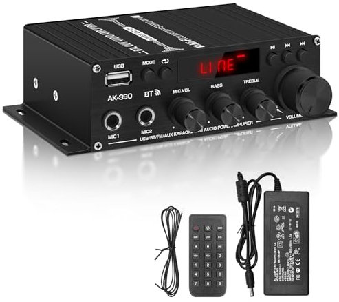 Romicta HiFi-Verstärker AK390, Mini Bluetooth Stereo-Audioverstärker Receiver 12V/ 220V 800W 2 Kanäle Endverstärker Soundverstärker w/UKW-Radio, USB-Karteneingang, für Zuhause oder Auto