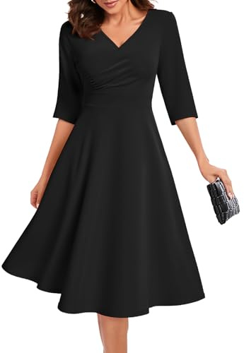 Bbonlinedress Midi Abito da cocktail formale ospite di nozze manica 3/4 chiesa scollo a V lavoro A-Line Swing Tea Party Dress, nero, L