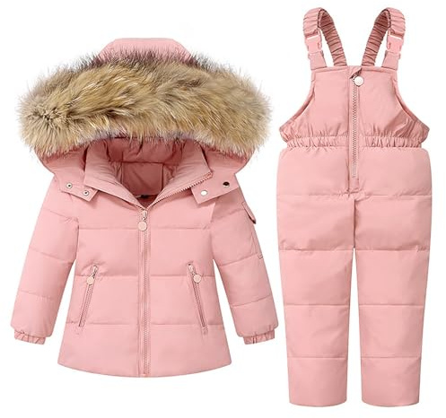 Tuta da Sci per Bambini con Giacca in Piumino, Piumino con Cappuccio + Pantaloni da Sci Bambine Tuta da Neve 2PCS Set da Sci Invernale Giacca in Piumino Salopette da Sci, Rosa 1-6 Anni
