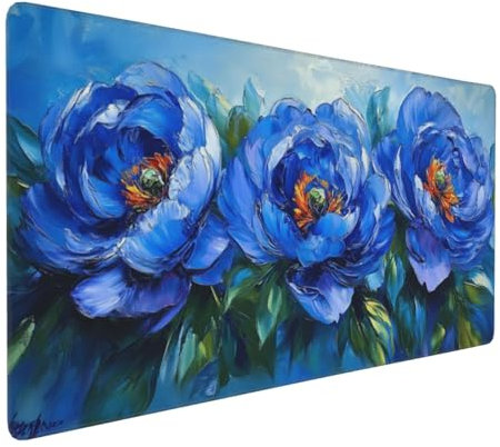 Gaming Mauspad XXL Blau Mousepad 1000x500x4mm Blume Verlängertes Mauspad Schreibtischauflage,Genähte Kanten Mauspad,Verbessert Präzision und Geschwindigkeit Wasserdicht Geeignet für Büro und Spiele
