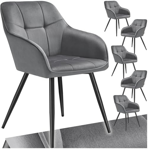 tectake® Samt Stuhl, Esszimmerstuhl mit Stepp Samtstoff, Küchenstühle modern, gemütlicher Sessel Wohnzimmer, Armlehnstuhl Esszimmer, Dining Lounge, Schminktisch Stuhl - grau/schwarz, 6er Set