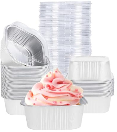 40 Pack Mini Cake Pans with Lids, 5oz Square Aluminum Foil Brownie Baking Cups, Muffin Tin Ramekins, Disposable Dessert Cupcake Cups for Wedding Birthday Party, White