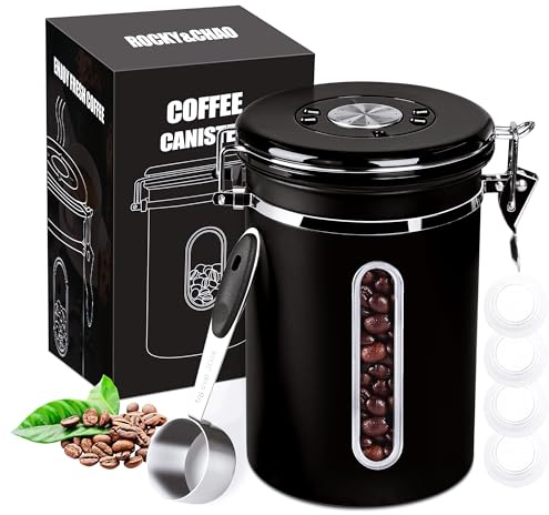 1800ML Coffee Canister with Window, Airtight Stainless Steel Kitchen Food Storage Container, Date Tracker and Scoop for Grounds Coffee Bar Accessories, Beans, Tea, Flour, Cereal, Sugar, 22OZ, Black