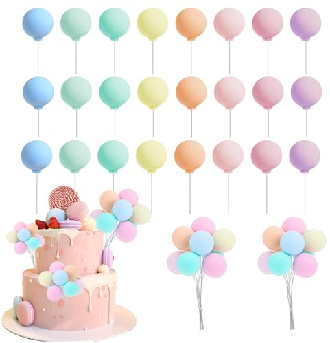 24Pcs Ball Cake Topper Decorations Mini Balloons Cake Decorating Balls,Colorful Balloon Cake Topper Picks Round Balloon Cupcake Topper Mini Balloons on a Stick Toppers for Birthday Cake Decorating