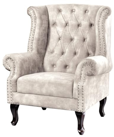 Ohrensessel CHESTERFIELD - 105cm - champagner - Samt Nosagfederung Design | Federkern-Komfort, Armlehne, Rundumbezug, Knopfheftung, Nietenbesatz, Ziersteppung, bequeme Polsterung