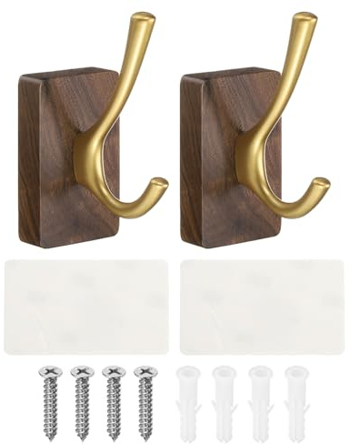 sourcing map 2 ganci autoadesivi da parete in legno per asciugamani, resistenti, per camera da letto, cucina, bagno, accappatoi, colore oro (quadrati)