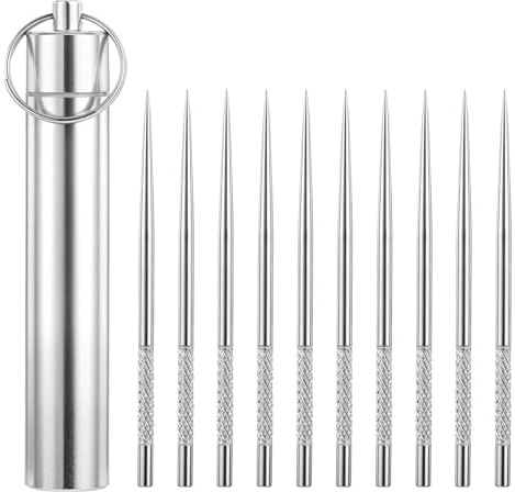 Giantree Metal Toothpicks, Portable Metal Toothpick Holder with 10 Pcs Reusable Stainless Steel Toothpicks, Waterproof Toothpick Case Keychain Portable Teeth Cleaning Tools for Travel Outdoor Camping