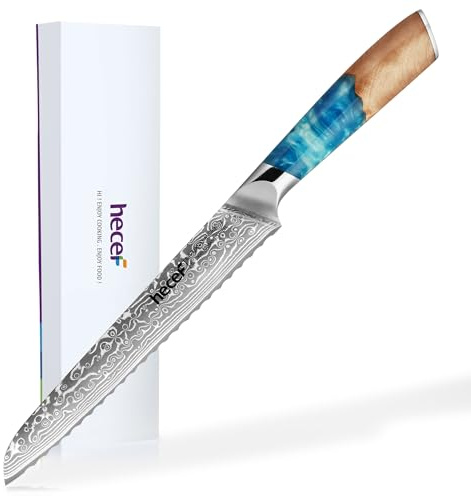 hecef Serrated Bread Knife 8 Inch – Damascus Steel Blade, Blue Resin Handle – Ultra Sharp Edge for Clean Slicing of Bread, Cake & Fruit, Stylish Gift for Home Bakers & Chefs
