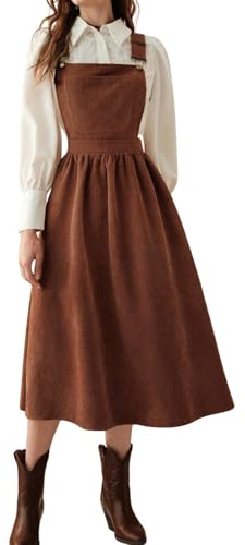 chouyatou Women's Fall Corduroy Overall Dress Adjustable Strap A Line Flare Pinafore Midi Jumper Dress (Large,Brown)
