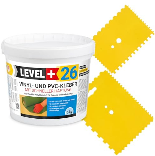 Level Plus 26 paneles adhesivos de vinilo PVC LVT CV para alfombras, 6 kg, para suelos de azulejos, adhesivo flexible para suelos, sin disolventes, adherencia rápida + juego de 2 espátulas dentadas