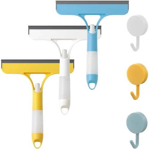 3 in 1 Window Cleaning Scraper, 3-Pack Window Cleaning Equipment, Multi-Surface Cleaner Tool for Windows, Cars, Shower Glass, Kitchens, Includes 3 Scrapers and 3 Hooks