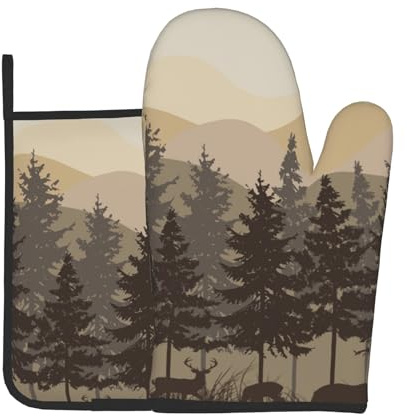 Rustic Bear Deer Oven Mitts and Pot Holders Sets Cabin Forest Animals Kitchen Decor Accessories Multi-use Cooking Camping Oven Gloves for BBQ Cooking Gifts