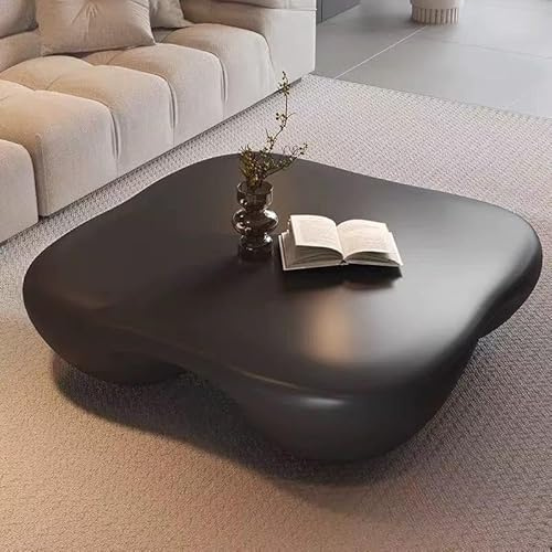39 inch Square Rock Coffee Table | Curved Groove Fiber Care Stone Matte Light Quality Versatile for Living Room/Office, Black
