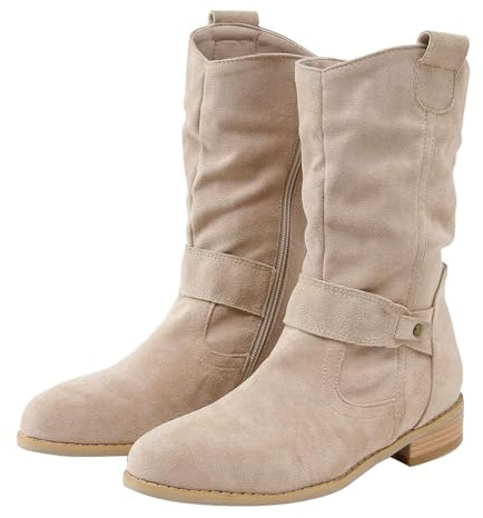 Botines Mujer Con Tacón Marrón Ante Botas de Media caña Punta Botas Anchas a Prueba de Viento Zapatos de Invierno Cierre Hebilla Botas de Vaquero con Cremallera Lateral Botas de caña Larga