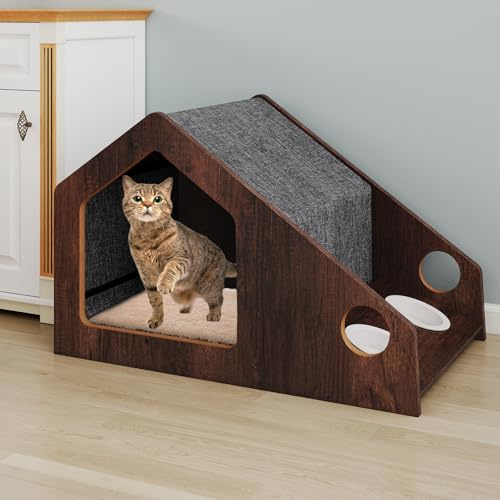 COSTWAY Katthus trä, 2-i-1 kattgrotta och kattsäng i husform, kattvilla med 2 keramikknappar och avtagbart tak, metallram, kattmöbel inomhus, 60 x 40 cm, brun