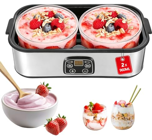 TECKZOON Yogurtera Digital 2 L, Máquina para Hacer Yogur con Tarros, Temperatura Constante de 20-55 °C, Yogurtera Automática para Yogur Casero, Queso y Natto en Casa (2 × 960 ml Tarros)