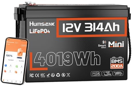 HumsiENK 12V 314Ah LiFePO4 Battery, 4019Wh Energy with Bluetooth and Low-Temp Protection, 15000+ Cycles, Built-in 200A BMS Perfect for Home, Motorhome,Boat,Emergency Power