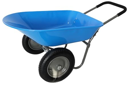Two Wheel Garden Wheelbarrow with Steel Tray, Blue, 15 Inch Pneumatic Wheels, Heavy Duty Yard Cart for Gardening and Landscaping