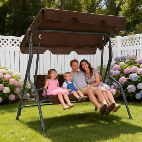 Eleganz Hollywoodschaukel 3-Sitzer 178x112x155cm Kaffeebraun, Gartenschaukel Textilene mit Sonnendach, Schaukelbank Wetterfest Atmungsaktiv bis 330kg, für Garten Terrasse