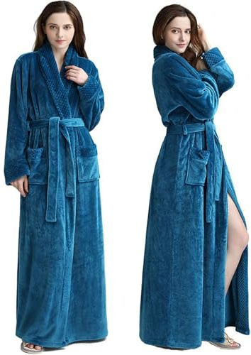 Oksun Womens Plush Fleece Long Robe: Flannel Warm Bathrobe - Full Length Winter Housecoat - Soft Cozy Nightgown Sleepwear (Blue, L)