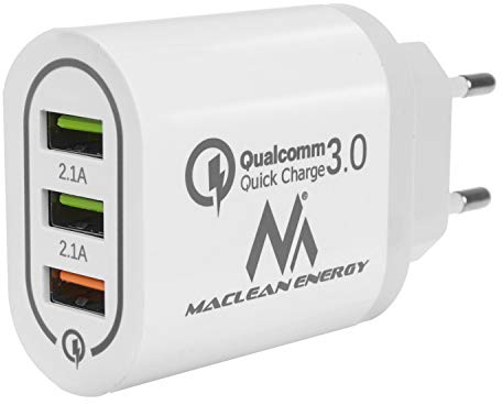 Maclean MCE479 USB-Ladegerät QC 3.0 | 3X USB Netzadapter 1x QC 3A 2X 2.1A | Universal Ladeadapter für Smartphone Tablet Navi MP3 MP4 | Schnellladen & Mehrfachschutz (Weiß)