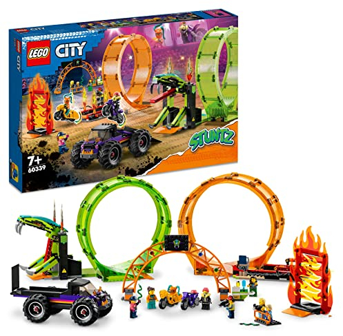 LEGO 60339 City Stuntz Double Loop Stunt Arena, Monster Truck Playset Age 7+ with 2 Toy Motorbikes, Ramp and Minifigures, for Kids Aged 7 Plus