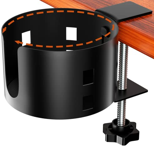 Upgraded Large Desk Cup Holder Clamp, OOKUU Anti-Spill Table Cup Holder, Metal Office & PC Gaming Desk Accessories, Compatible with Universal Cup, Bottles, Pencil Holder (Black)