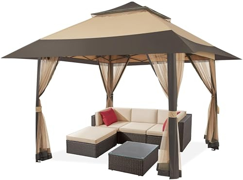 Yaheetech Gazebo da Giardino Esterno 4 x 4 m Padiglione da Giardino con Zanzariera Struttura in Metallo Doppio Tetto con Stabili Stoffa Kaki Tubo di Terrazzo Antipioggia Antisole
