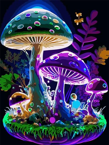 Paint by Numbers,Purple Green Mushroom Paint by Numbers for Adults Canvas Oil Painting,DIY Paint by Numbers for Children with Paint Brushes and Acrylic Painting Kit Home Decor with Frame,12x16 in