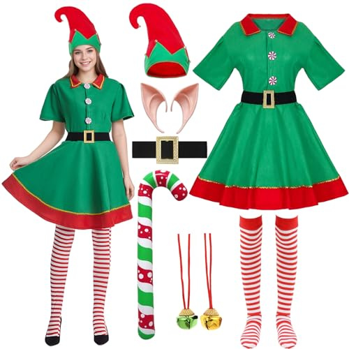 HarnyLoom Weihnachtself Kostüm Damen Kinder Erwachsen, Weihnachten Kostüm Männer Elfenkostüm Wichtel Elfen Outfits Elfenohren Elfenhut Glocke Weihnachten Party Cosplay (Erwachsenes Weibchen, L)