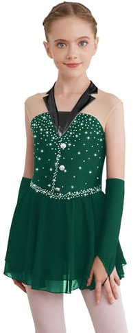 Xnihocha Robe De Danse Pailletée pour Fille Manches Longues Robe De Patinage Artistique Tenue Ballet avec Gants Costume Danse pour Enfants Vêtements