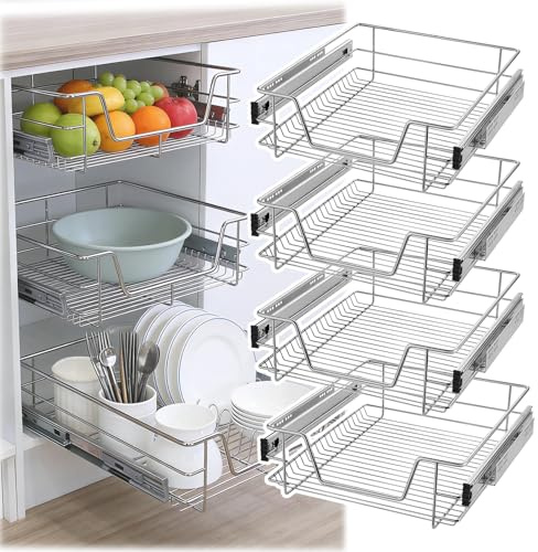 SAILUN Pull-Out Wire Baskets 500mm Wide Cabinet Slide Out Wire Storage Drawers for Kitchen, Pantry, Bathroom Cabinets, Base Larder Organiser Size: 470 * 440 * 140mm Silver Set of 4