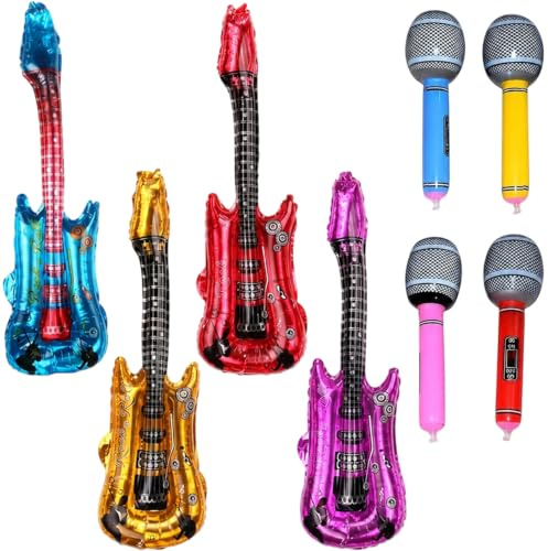 Set of 8 Items Inflatable Guitar, Blow Up Microphone, Inflatable Party Props for Music-Themed Celebrations, Including Microphone and Guitar for Adult Social Events