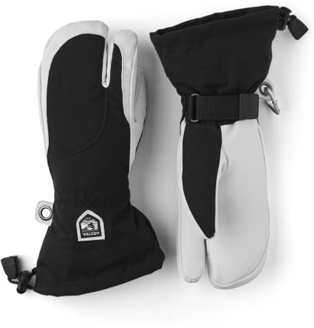 Hestra Womens Extra Warm Ski Gloves: Heli Leather Winter Cold Weather 3-Finger Mitten, Black/Off White, 8