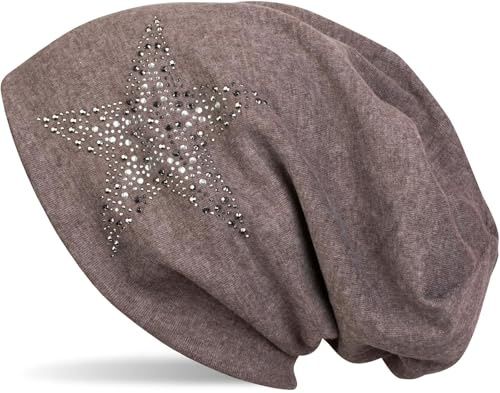 styleBREAKER Dam slouch beanie mössa med strass stjärna | glitter lång beanie av mjuk viskos | en storlek för vuxna, Fläckig brun, one size