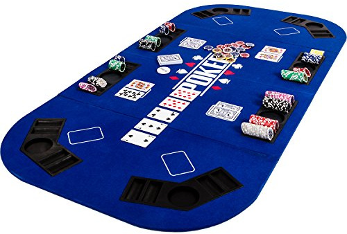 GAMES PLANET Faltbare Pokerauflage „Straight“ für bis zu 8 Spieler, Maße 160x80 cm, MDF Platte, Getränkehalter, Chiptrays, Blau