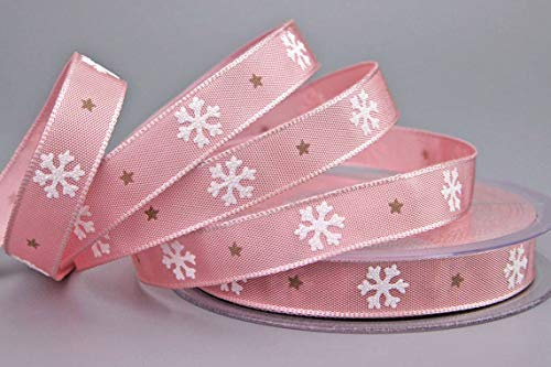 finemark Dekoband Let It Snow in ROSA 20 m x 15 mm Rolle Geschenkband Weihnachten Schleifenband mit Draht 1,5 cm Schneeflocken