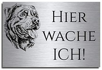 Echtes Edelstahl Hinweis-Schild Türschild Größe 12x8 oder 15x10 cm  Hier wache ich  Hund Schäferhund selbstklebend oder mit Bohrlöcher Betreten auf eigene Gefahr Hundeschild Modell: M5