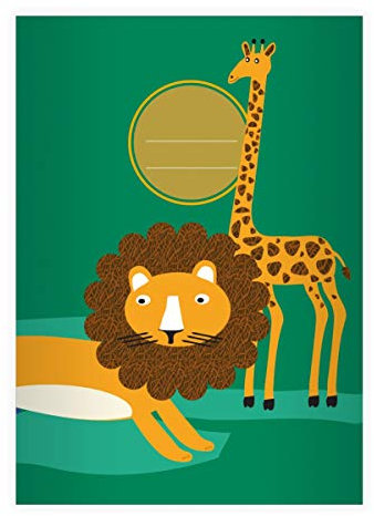 Kartenkaufrausch 8 Retro Afrika Wildtier DIN A5 Schulhefte, Rechenhefte mit Löwe und Giraffe, grün Lineatur 28 (kariertes Heft 16 Blatt/32 Seiten) Notizheft, Kladde für Schule, Uni, Büro