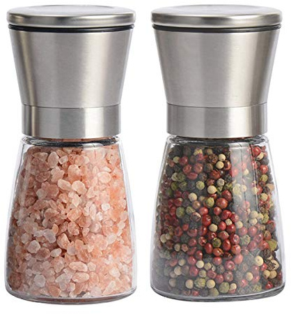 Salt and Pepper Grinder Set of 2, Premium Stainless Steel Spice Mill with Adjustable Coarseness, Ceramic Blades, Refillable Glass Body with 60Z Capacity