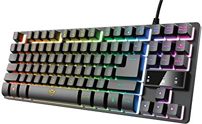 GXTrust 833 Thado Teclado Gamer TKL Disposición QWERTY Español, Teclado Gaming Retroiluminado RGB Tenkeyless (20% más pequeño) Membrana, Anti-Ghosting, con Cable USB, PC/Ordenador, Negro
