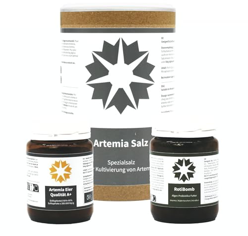 algova Artemia Set (1kg Sale d'artemia | 50 g Cibo per artemie RotiBomb | 50g Artemia A+), qualità fino al 95% di scorrimento, mangime vivo per la coltivazione di disco, cichlide, guppy