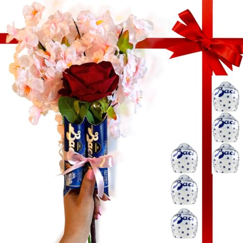 Baci Perugina Idee Regalo Festa della Mamma 2024 - Bouquet di Fior di Pesco + 2 Tubini Baci Perugina da 37,5gr Classic Fondente Luisa + Rosa in Velluto