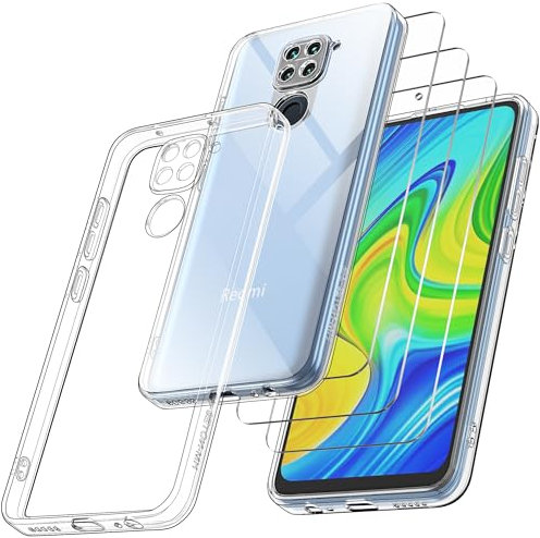 Didisky Funda para Redmi Note 9 con 3-Unidades Cristal Templado Protector,Suave Silicona Transparente TPU [Caso Case+ Cristal Templado] Protector de Pantalla dureza 9H HD