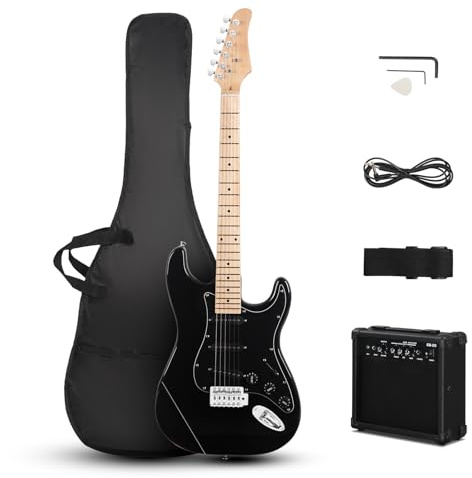 LALAHO Electric Guitar with 20Watt Amp, Full Size 39 Inch Beginner SSS Pickups Electric Guitars Kit W/Accessories Strap, Gig Bag for Kids & Adults (Black)