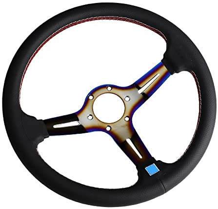 Sportlenkrad,Drift Lenkrad Universal Car 14 Zoll blaues echtes Leder Tuning Sport Drift Lenkrad(A)