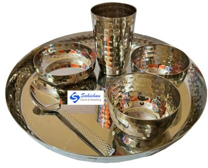 Sahishnu Online And Marketing Stainless Steel Hammer Style Dinner Set, Indian Dinnerware, Traditional Indian Dinner Set of Thali,Bowls, Small Plate, Glass and Spoons